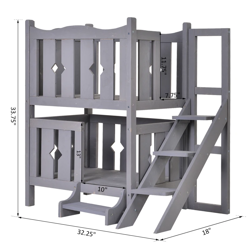 PawHut 2-Story Wooden Cat House with 2 Elevated Pet Beds, Protective & Secure Side Rails & Sturdy Wooden Design - Grey
