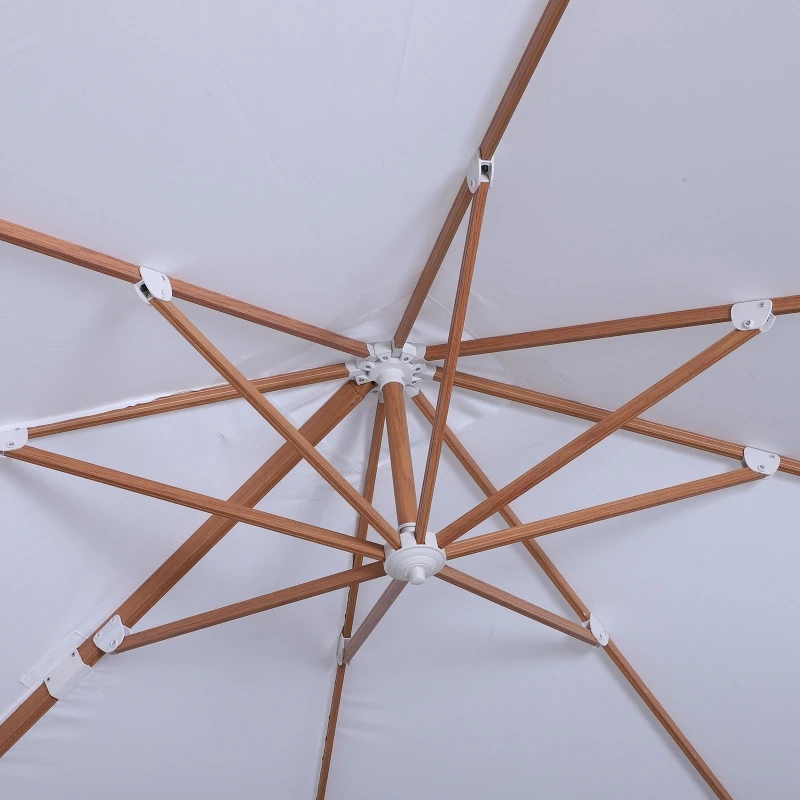Outsunny 10ft x 10 ft Patio Offset Parasol Hanging Cantilever Umbrella with Deluxe Wood Pattern Effect Design, Adjustable Tilt and 360° Rotation, White