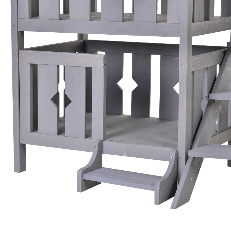 PawHut 2-Story Wooden Cat House with 2 Elevated Pet Beds, Protective & Secure Side Rails & Sturdy Wooden Design - Grey