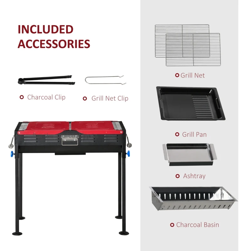 Outsunny 47" Portable Charcoal Grill BBQ Height Adjustable Outdoor Backyard Barbecue w/ Side Shelves, Grill Net & Pan Easy Set-up for Outdoor Cooking Picnic Camping
