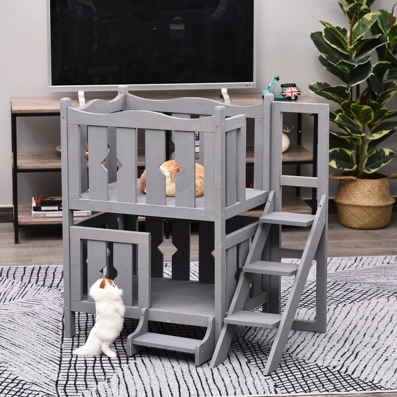 PawHut 2-Story Wooden Cat House with 2 Elevated Pet Beds, Protective & Secure Side Rails & Sturdy Wooden Design - Grey