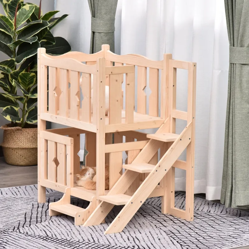 PawHut 2-Story Wooden Cat House with 2 Elevated Pet Beds, Protective & Secure Side Rails & Sturdy Wooden Design, Natural
