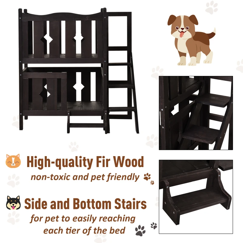 PawHut 2-Story Wooden Cat House with 2 Elevated Pet Beds, Protective & Secure Side Rails, & Sturdy Wooden Design - Coffee