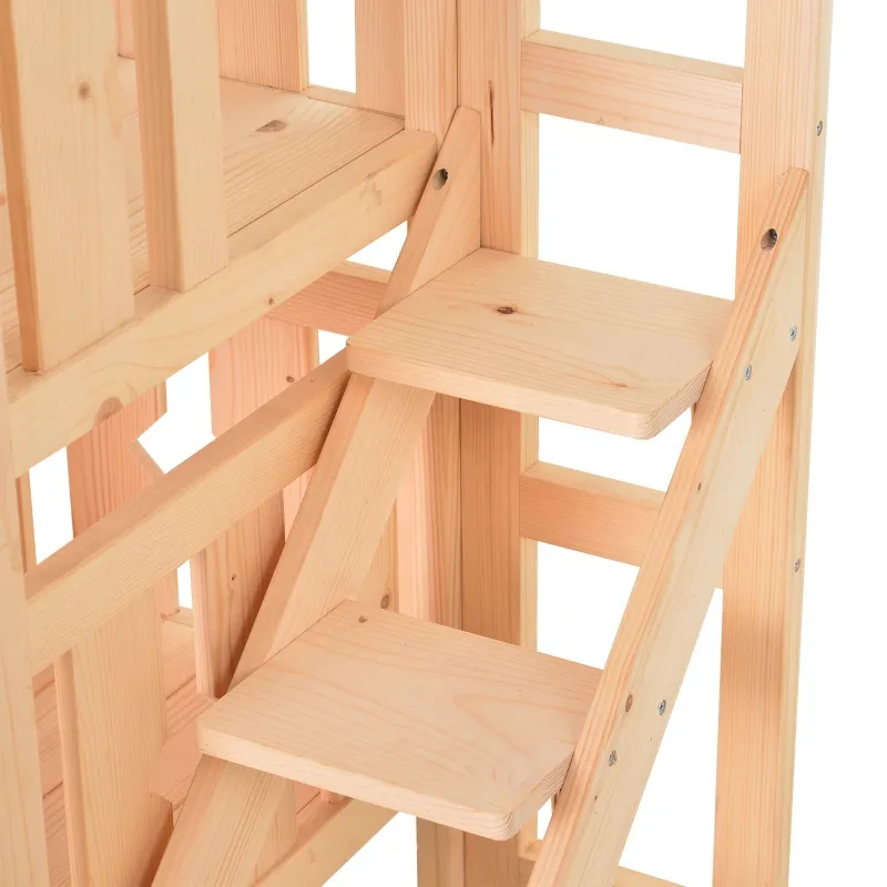 PawHut 2-Story Wooden Cat House with 2 Elevated Pet Beds, Protective & Secure Side Rails & Sturdy Wooden Design, Natural