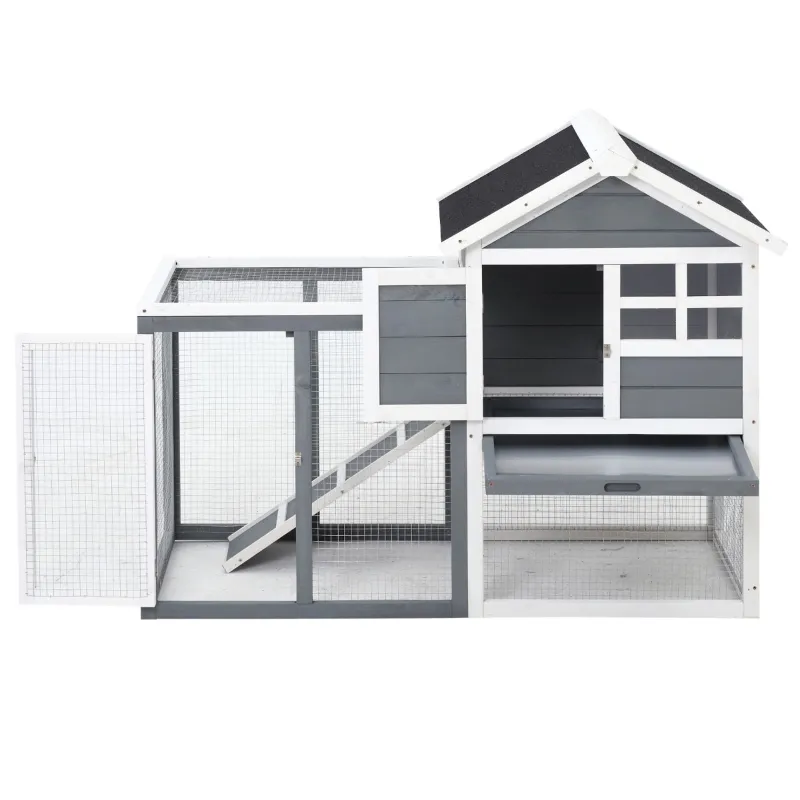 PawHut Indoor Rabbit Enclosure, 48" Weatherproof Wooden Rabbit Hutch, with Slanted Asphalt Roof & Fun Outdoor Run for Bunnies & Ferrets - Gray