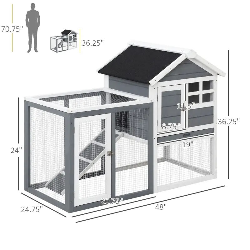 PawHut Indoor Rabbit Enclosure, 48" Weatherproof Wooden Rabbit Hutch, with Slanted Asphalt Roof & Fun Outdoor Run for Bunnies & Ferrets - Gray