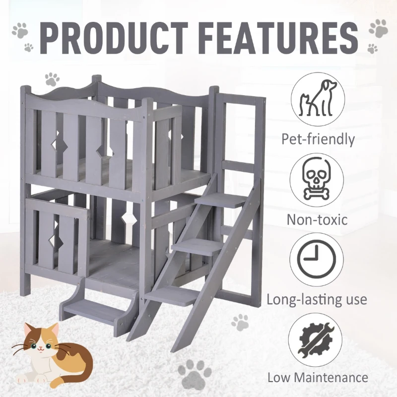 PawHut 2-Story Wooden Cat House with 2 Elevated Pet Beds, Protective & Secure Side Rails & Sturdy Wooden Design - Grey