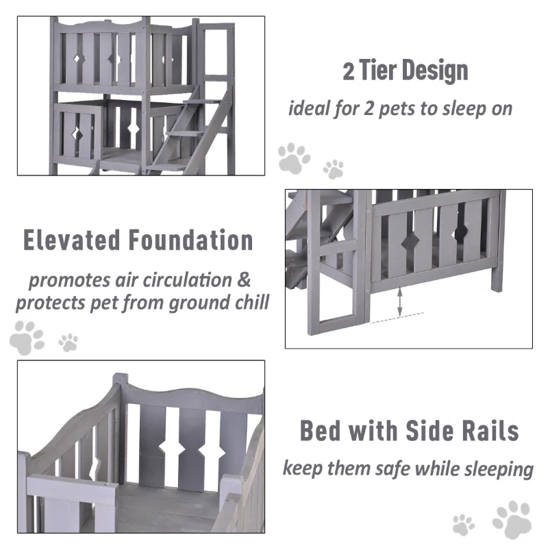 PawHut 2-Story Wooden Cat House with 2 Elevated Pet Beds, Protective & Secure Side Rails & Sturdy Wooden Design - Grey