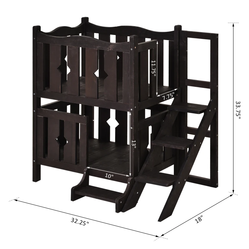 PawHut 2-Story Wooden Cat House with 2 Elevated Pet Beds, Protective & Secure Side Rails, & Sturdy Wooden Design - Coffee