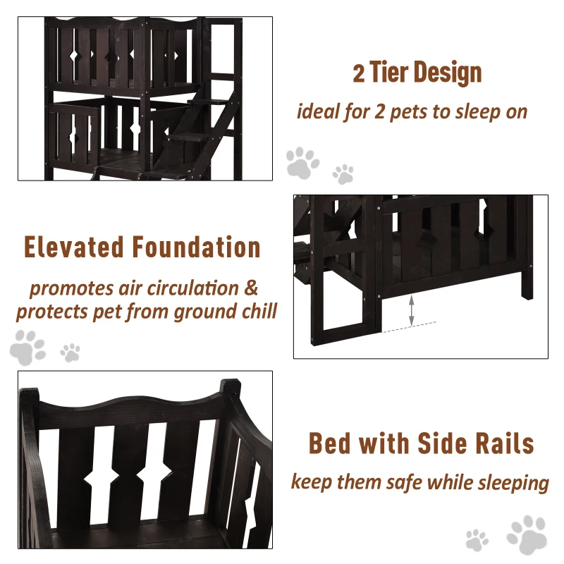 PawHut 2-Story Wooden Cat House with 2 Elevated Pet Beds, Protective & Secure Side Rails, & Sturdy Wooden Design - Coffee