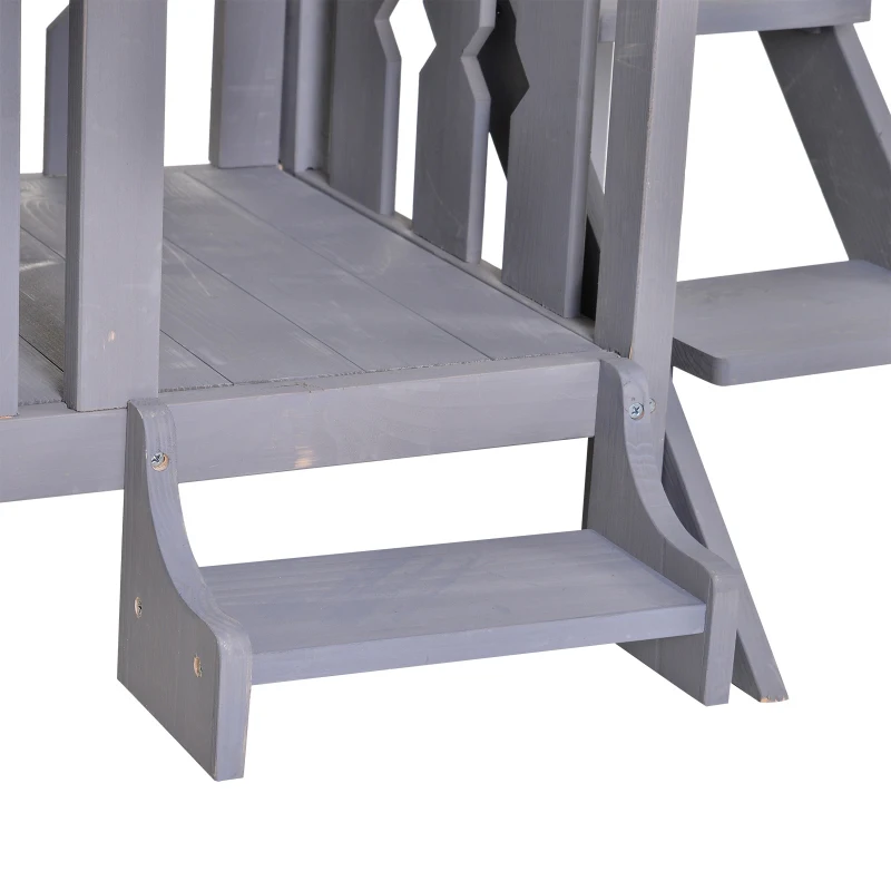 PawHut 2-Story Wooden Cat House with 2 Elevated Pet Beds, Protective & Secure Side Rails & Sturdy Wooden Design - Grey