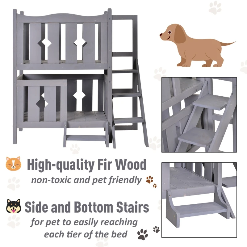 PawHut 2-Story Wooden Cat House with 2 Elevated Pet Beds, Protective & Secure Side Rails & Sturdy Wooden Design - Grey