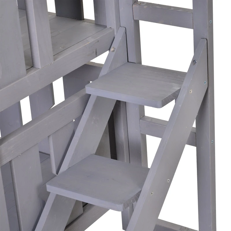 PawHut 2-Story Wooden Cat House with 2 Elevated Pet Beds, Protective & Secure Side Rails & Sturdy Wooden Design - Grey