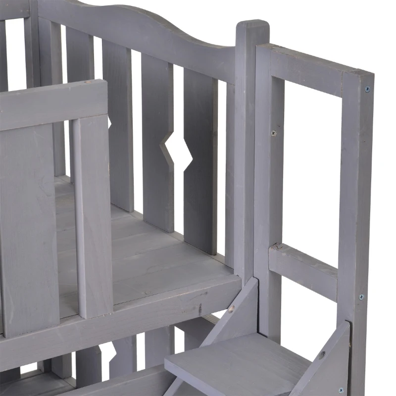 PawHut 2-Story Wooden Cat House with 2 Elevated Pet Beds, Protective & Secure Side Rails & Sturdy Wooden Design - Grey