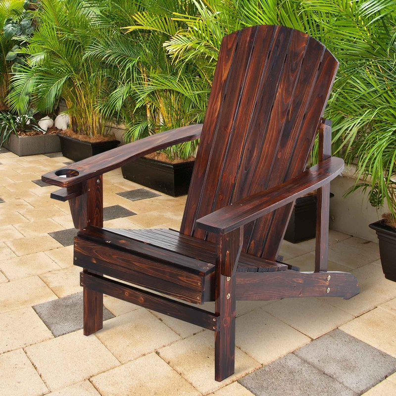 Outsunny Outdoor Classic Wooden Adirondack Deck Lounge Chair with Ergonomic Design & a Built-In Cup Holder, Brown