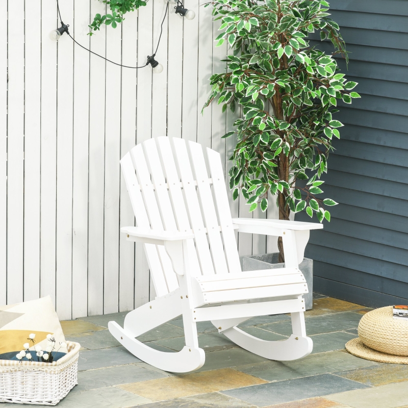Outsunny Wooden Adirondack Rocking Chair with Slatted Wooden Design, Fanned Back, & Classic Rustic Style, White