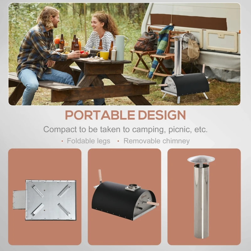 Outsunny Outdoor Portable Pizza Oven Pellet Pizza Maker Grill w/ Foldable Legs Thermometer Pizza Stone Anti-scald Handles Stainless Steel Body, for Garden Backyard Camping Cooking