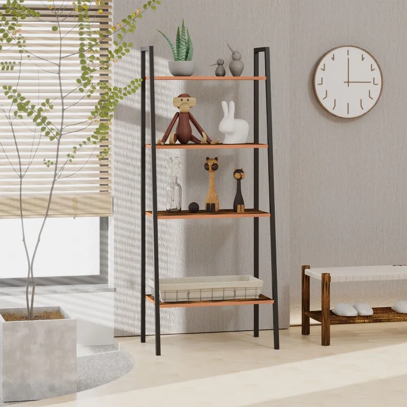 HOMCOM Wooden Metal 4 Tier Vintage Rustic Industrial Ladder Style Bookcase Shelf, Black/Vintage wood