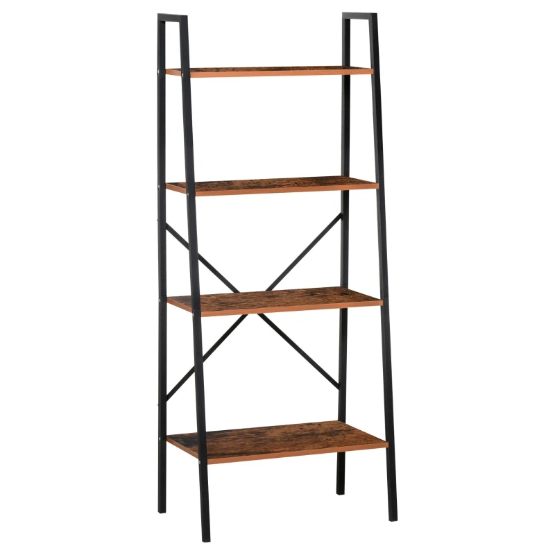 HOMCOM Wooden Metal 4 Tier Vintage Rustic Industrial Ladder Style Bookcase Shelf, Black/Vintage wood