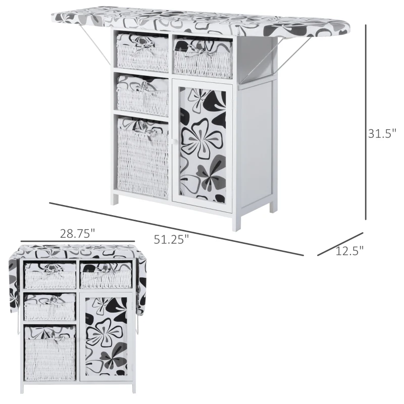 HOMCOM Drop Leaf Ironing Board With Shelves and Storage Boxes - Hawaiian Flowers