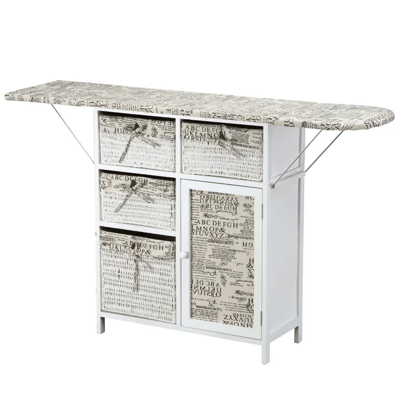 HOMCOM Drop Leaf Ironing Board With Shelves and Storage Boxes - Literary Print