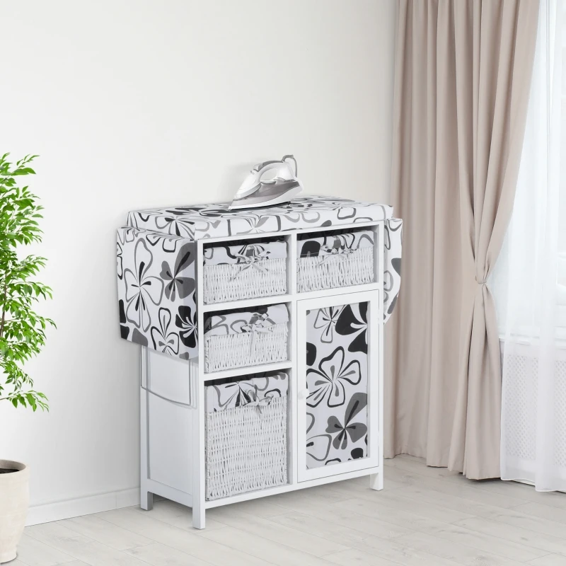 HOMCOM Drop Leaf Ironing Board With Shelves and Storage Boxes - Hawaiian Flowers