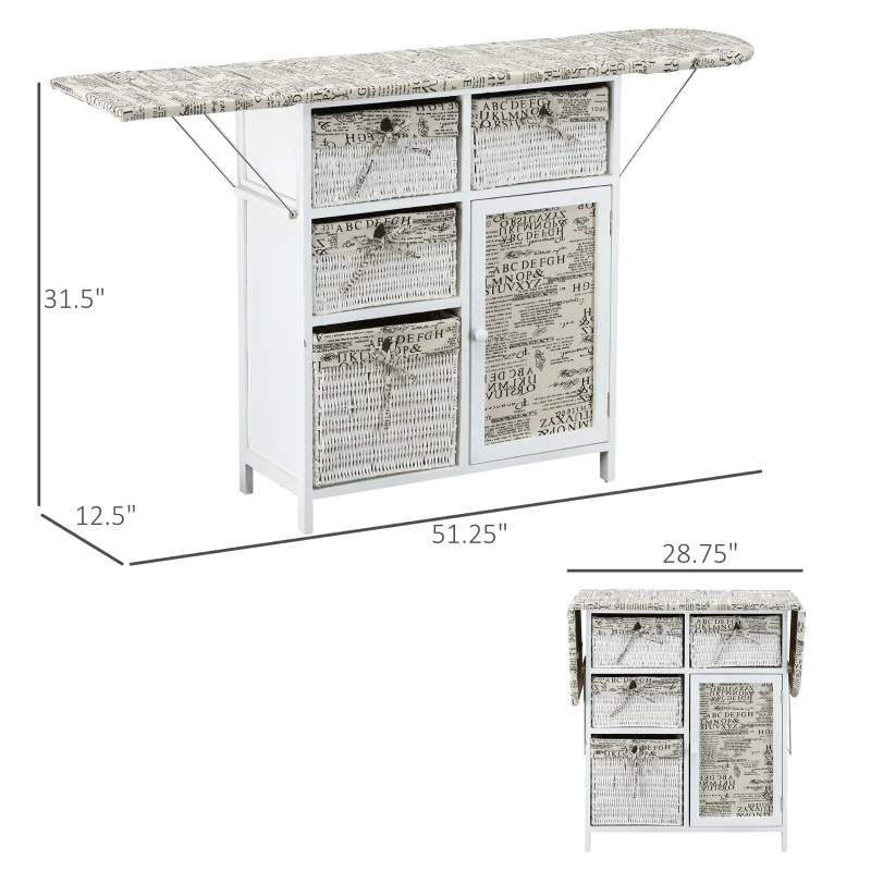 HomCom Drop Leaf Vintage Ironing Board With Shelves and Storage Boxes - Literary Print
