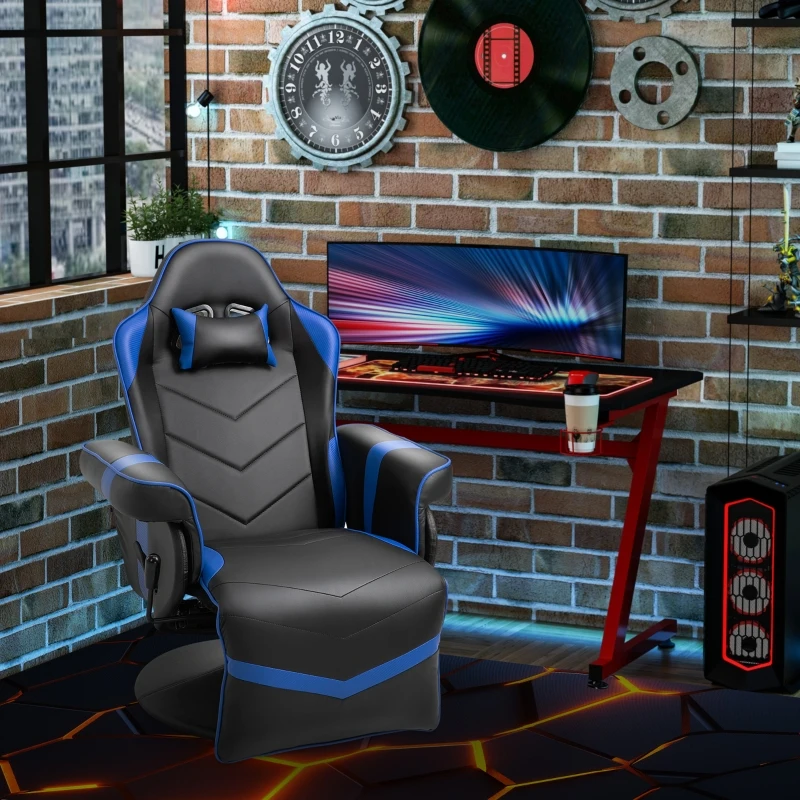 Vinsetto High Back Racing Style Gaming Chair, PU Leather Gamer Recliner Chair with Swivel Pedestal Base, Adjustable Footrest, and Head Pillow, Blue