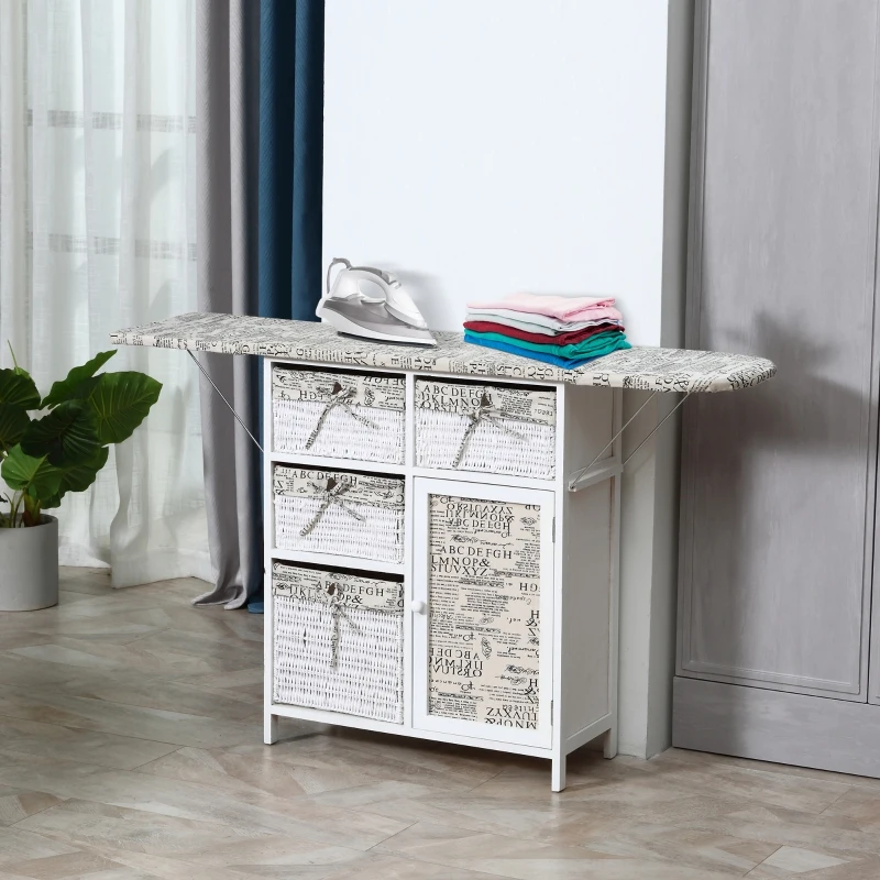 HomCom Drop Leaf Vintage Ironing Board With Shelves and Storage Boxes - Literary Print