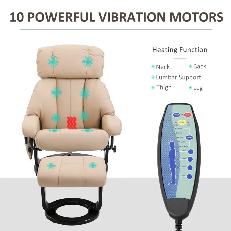 HOMCOM Massage Recliner Chair with Ottoman, 360° Swivel Recliner and Footstool, PU Leather Reclining Chair with Side Pocket and Remote Control, Beige