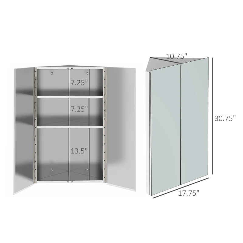 kleankin 30 Inch x 18 Inch x 11 Inch Corner Medicine Cabinet, Wall Mounted Mirror Cabinet with Double Doors and 3 shelves, Multipurpose Storage Organizer for Bathroom