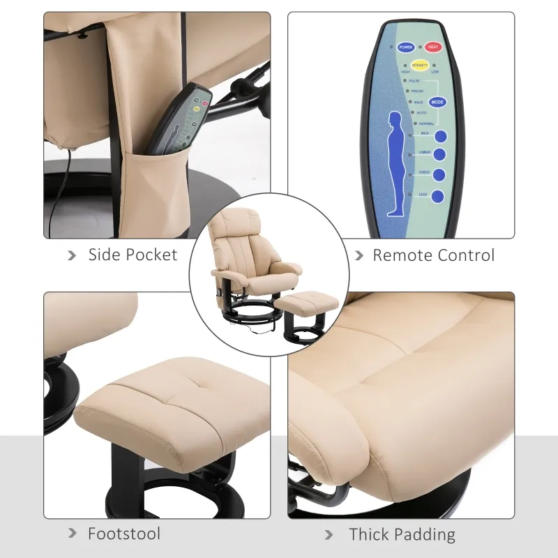 HOMCOM Massage Recliner Chair with Ottoman, 360° Swivel Recliner and Footstool, PU Leather Reclining Chair with Side Pocket and Remote Control, Beige