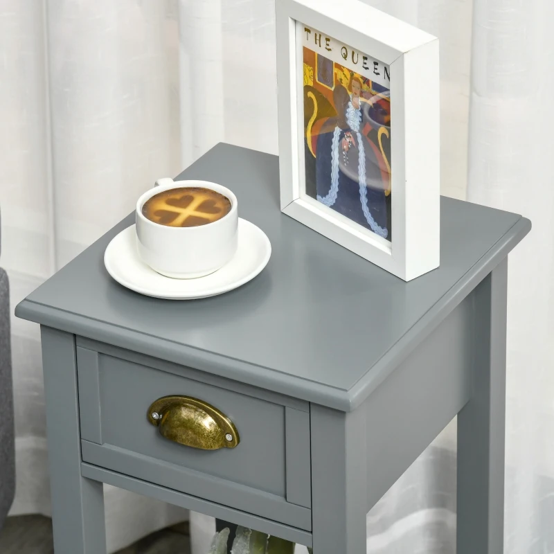HOMCOM 2-Tier Tall Side Table, Nightstand End Table w/ Drawer & Bottom Shelf for Living Room, Bedroom, Gray