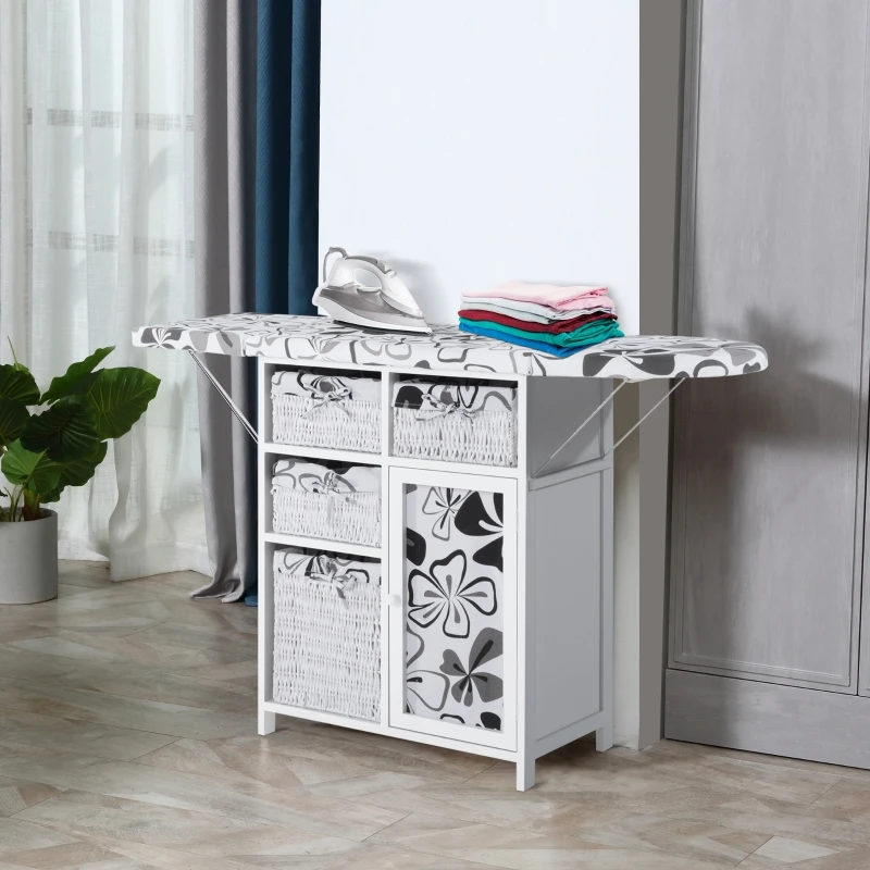 HOMCOM Drop Leaf Ironing Board With Shelves and Storage Boxes - Hawaiian Flowers