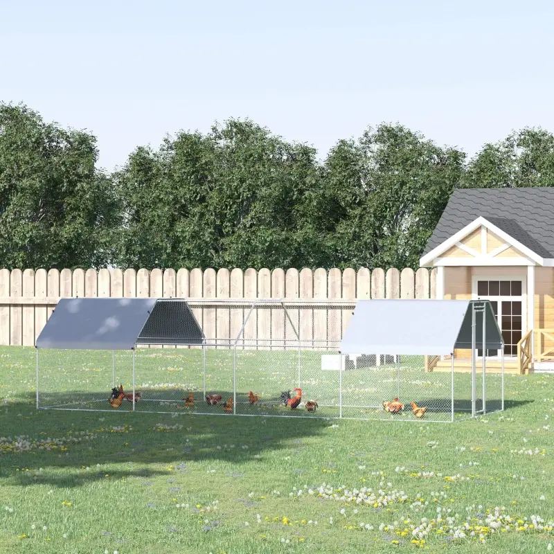 PawHut Large Chicken Coop Metal Chicken Run for Chickens with Waterproof and Anti-UV Cover, Flat Shaped Walk in Fence Cage Hen House for Outdoor and Yard Farm Use, 1.26" Dia, 9' x 24.9' x 6.5'