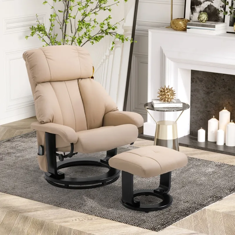 HOMCOM Massage Recliner Chair with Ottoman, 360° Swivel Recliner and Footstool, PU Leather Reclining Chair with Side Pocket and Remote Control, Beige