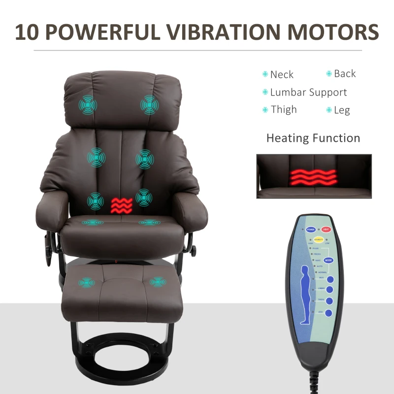 HOMCOM Massage Recliner Chair with Ottoman, 360° Swivel Recliner and Footstool, PU Leather Reclining Chair with Side Pocket and Remote Control, Brown