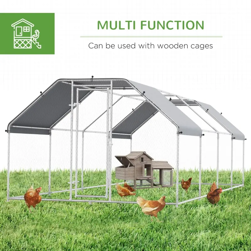 PawHut Large Chicken Coop Metal Chicken Run for Chickens with Waterproof and Anti-UV Cover, Flat Shaped Walk in Fence Cage Hen House for Outdoor and Yard Farm Use, 1.26" Dia, 9' x 24.9' x 6.5'