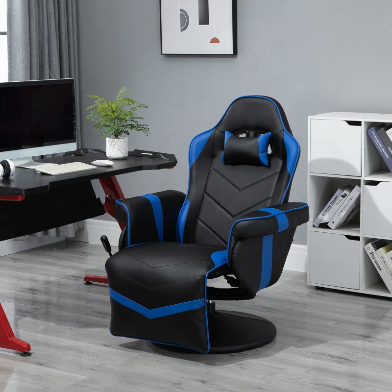 Vinsetto High Back Racing Style Gaming Chair, PU Leather Gamer Recliner Chair with Swivel Pedestal Base, Adjustable Footrest, and Head Pillow, Blue