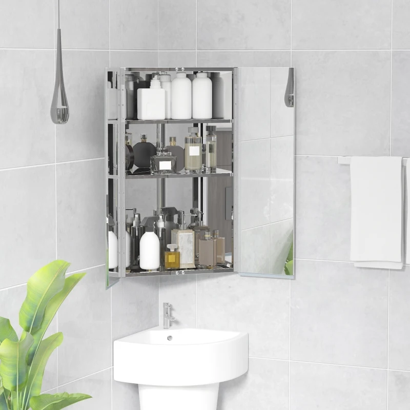 kleankin 30 Inch x 18 Inch x 11 Inch Corner Medicine Cabinet, Wall Mounted Mirror Cabinet with Double Doors and 3 shelves, Multipurpose Storage Organizer for Bathroom