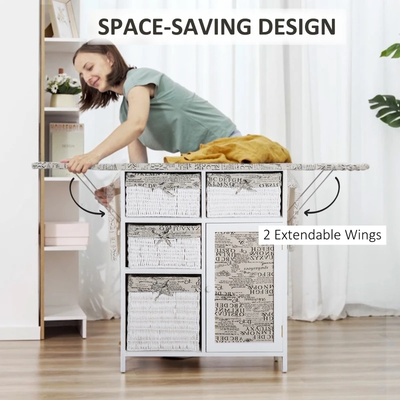 HomCom Drop Leaf Vintage Ironing Board With Shelves and Storage Boxes - Literary Print