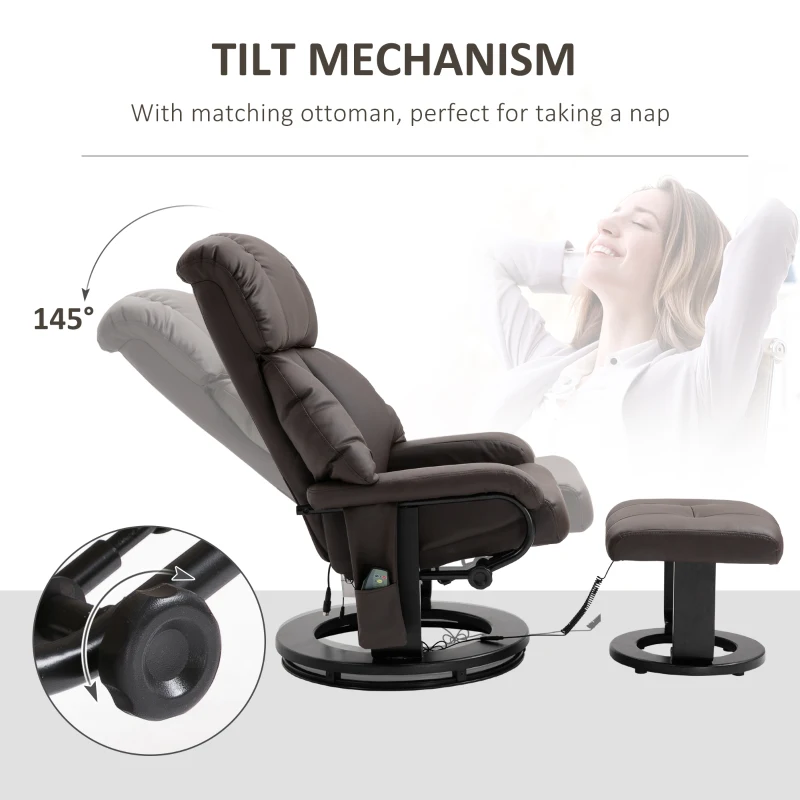 HOMCOM Massage Recliner Chair with Ottoman, 360° Swivel Recliner and Footstool, PU Leather Reclining Chair with Side Pocket and Remote Control, Brown