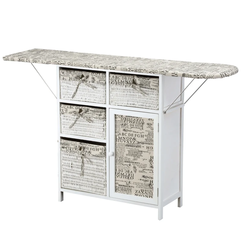 HomCom Drop Leaf Vintage Ironing Board With Shelves and Storage Boxes - Literary Print