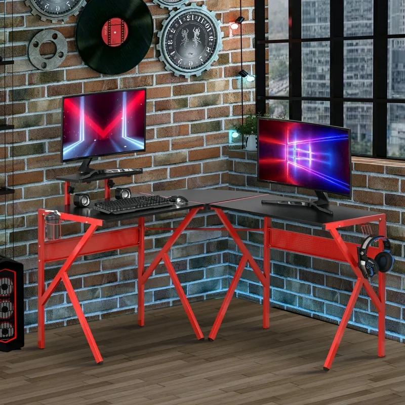 HOMCOM L-Shaped Gaming Desk, Corner Computer Desk, Gaming Table with Carbon Fiber Desktop, Adjustable Monitor Stand, Cup Holder, Headphone Hook and K Frame, Red/Black