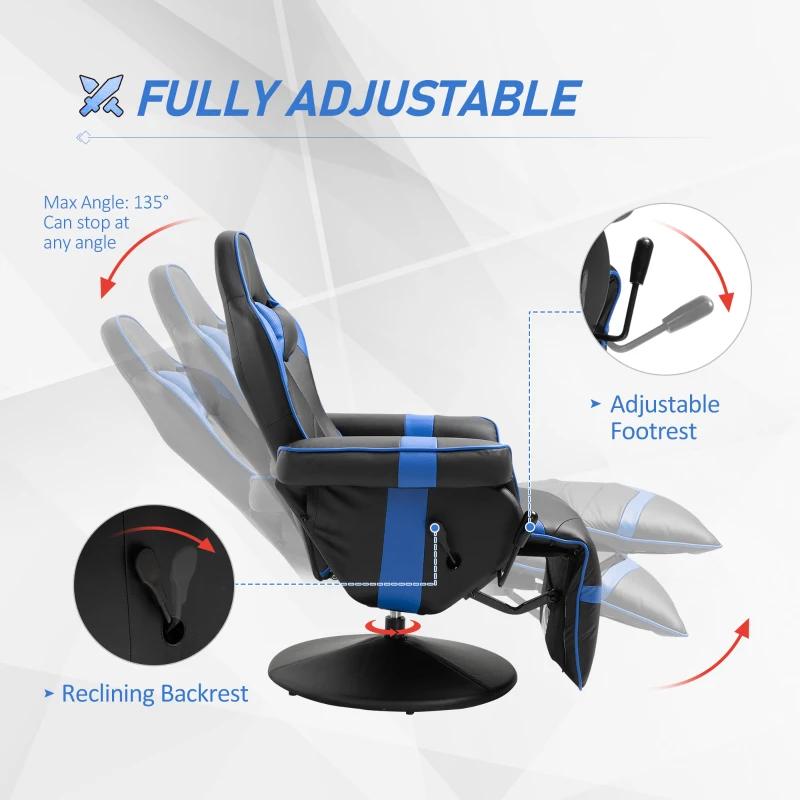 Vinsetto High Back Racing Style Gaming Chair, PU Leather Gamer Recliner Chair with Swivel Pedestal Base, Adjustable Footrest, and Head Pillow, Blue