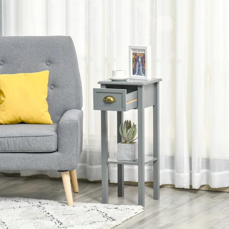 HOMCOM 2-Tier Tall Side Table, Nightstand End Table w/ Drawer & Bottom Shelf for Living Room, Bedroom, Gray