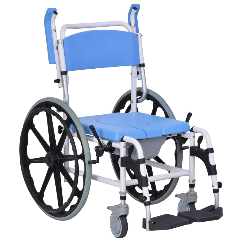 HomCom Rolling Shower Wheelchair Bath Toilet Commode Bariatric with 24" Wheels, Detachable Bucket & Shower-Proof Design, 17" Seat Width, Blue