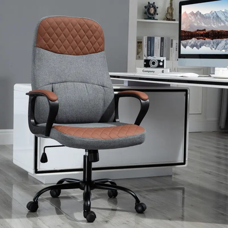 Vinsetto High Back Office Chair with 2-Point Lumbar Massage, USB Power, Faux Leather, and Linen Fabric, Brown/Grey