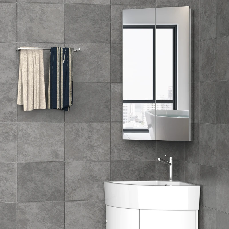 kleankin 30 Inch x 18 Inch x 11 Inch Corner Medicine Cabinet, Wall Mounted Mirror Cabinet with Double Doors and 3 shelves, Multipurpose Storage Organizer for Bathroom