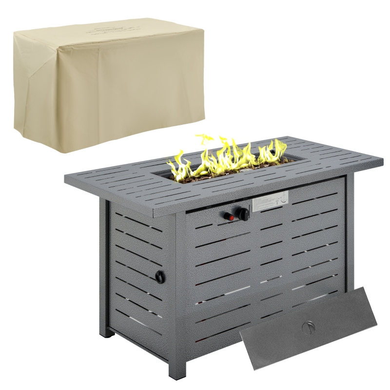 Outsunny 42" Propane Fire Pit Table 50,000BTU Gas Firepit w/ Cover Lava Rocks, Black